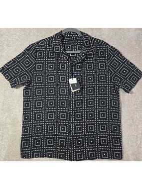 Porter & Ash Geometric Bowling Camp Shirt Luxe Linen Blend Embroidered Resort M